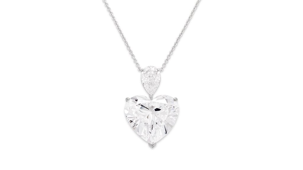 This Graff necklace comprises a heart brilliant-cut, 12.49-carat, D-color, VVS2 diamond below a pear-shaped, 1.01-carat, D, internally flawless diamond at Christie's image