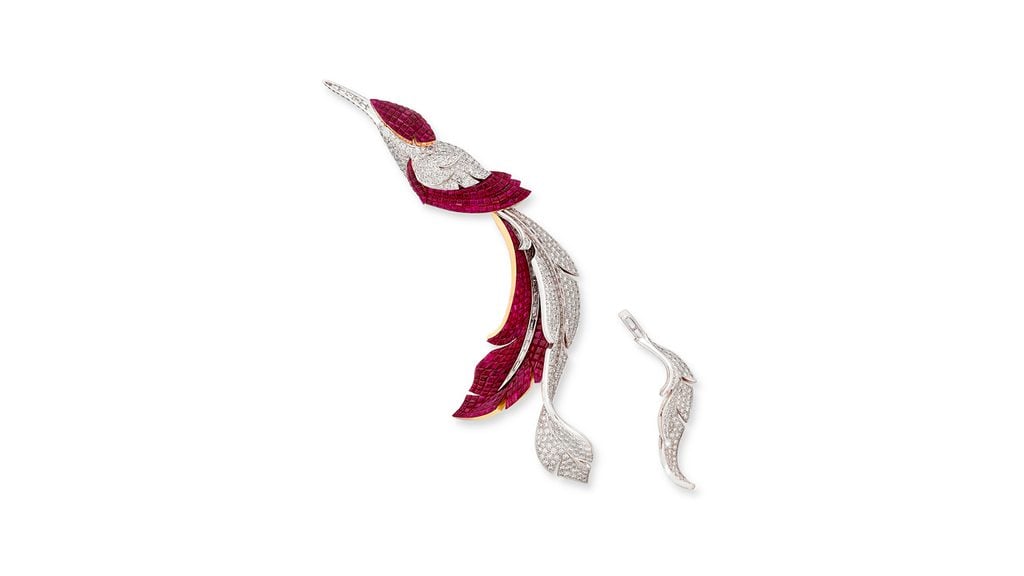 Also from Van Cleef & Arpels is this mystery-set brooch with calibré-cut rubies and baguette-cut and round diamonds. The lower part of the tail is detachable and interchangeable with a more elaborate one at Christie's image