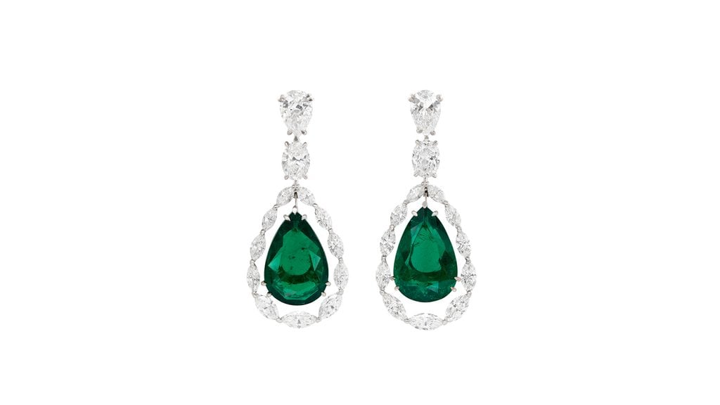 David Morris earrings with pear-shaped, 18.87-carat and 17.69-carat Colombian emeralds and pear brilliant- and oval brilliant-cut diamonds ranging from 2.02 to 3.02 carats at Christie's image