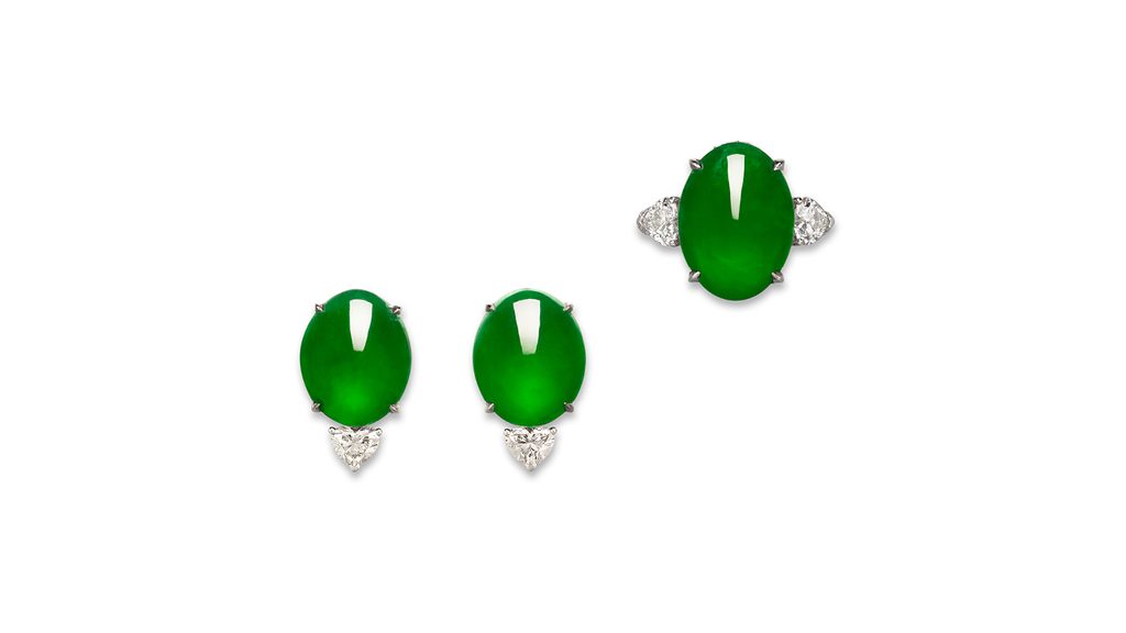 A set comprising earrings and a ring with oval jadeite cabochons and heart and round diamonds at Christie's image