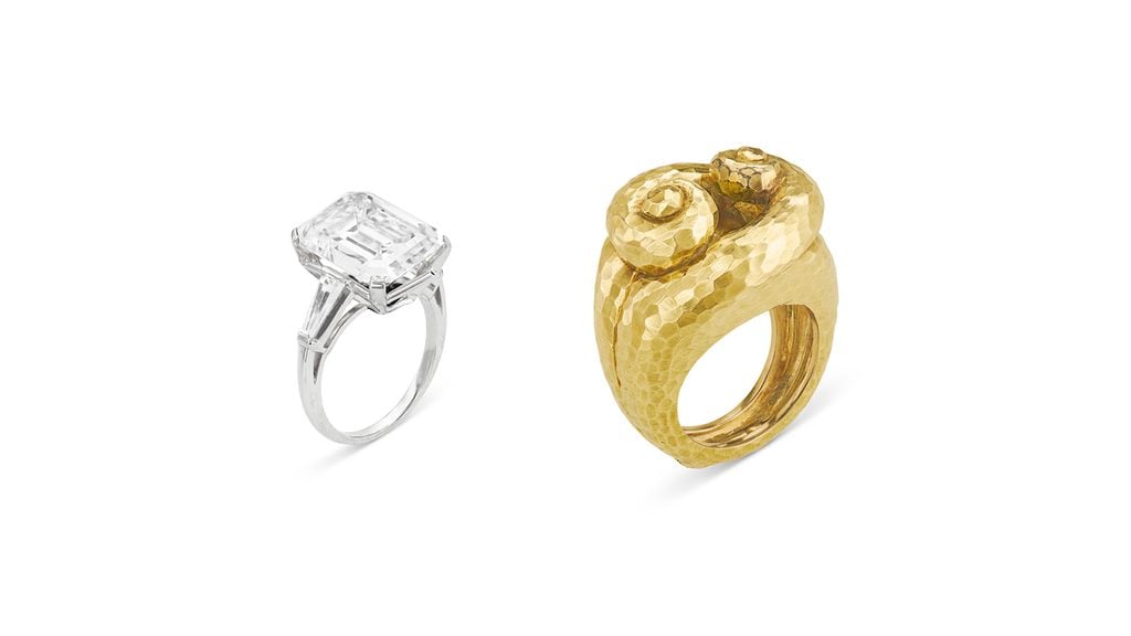 This lot features two items: an emerald-cut, 9.04-carat, I, VS1 diamond ring and an 18-karat yellow gold David Webb ring jacket at Christie's image