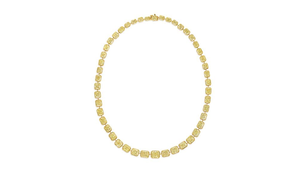 This necklace is made up of 47 cut-cornered and square modified brilliant-cut, fancy-light-yellow diamonds spanning 0.32 to 3.01 carats at Christie's image