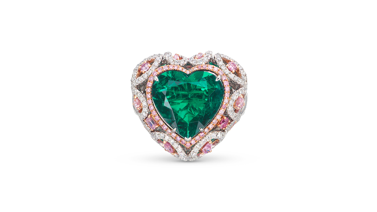 This ring has a heart-shaped, 6.84-carat Muzo Colombian emerald at its core. The gem is in a surround of pear-shaped and brilliant-cut diamonds as well as variously cut Argyle pink diamonds at Christie's image