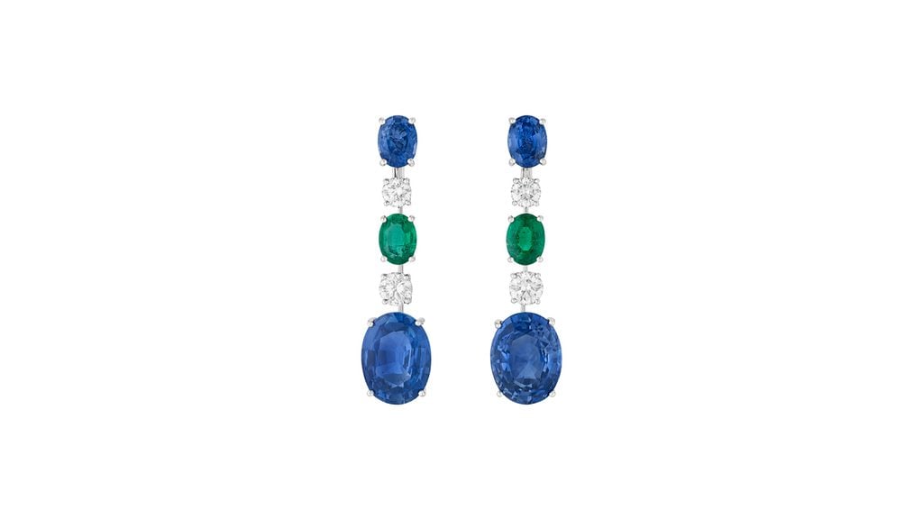 Also from Bulgari are these earrings, featuring oval mixed-cut sapphires weighing 8.15 and 7.78 carats, oval-shaped sapphires and emeralds, and round diamonds at Christie's image