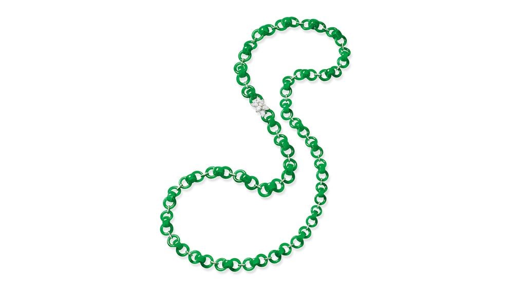 A necklace featuring Burmese jadeite triple-hoops, with pear-shaped diamonds on the clasp at Poly Auction image