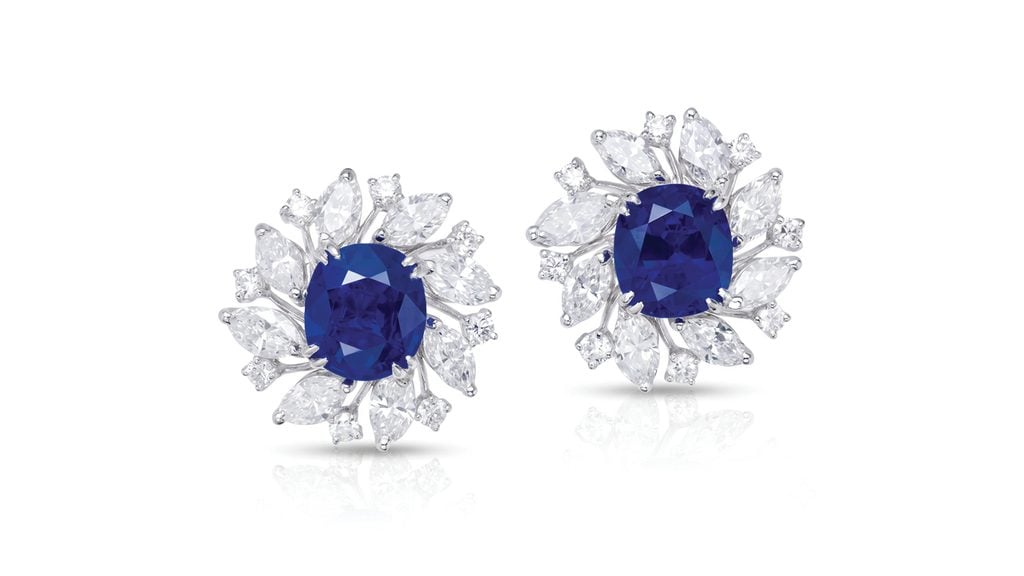 A pair of Gübelin earrings, centering cushion-cut, 3.05- and 3.23-carat Burmese sapphires in marquise and circular-cut diamond surrounds at Poly Auction image