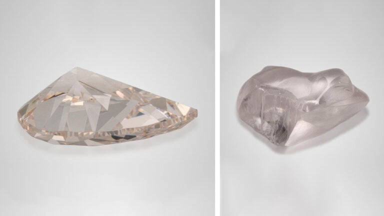 The pinkish-brown diamond in its polished and rough forms image