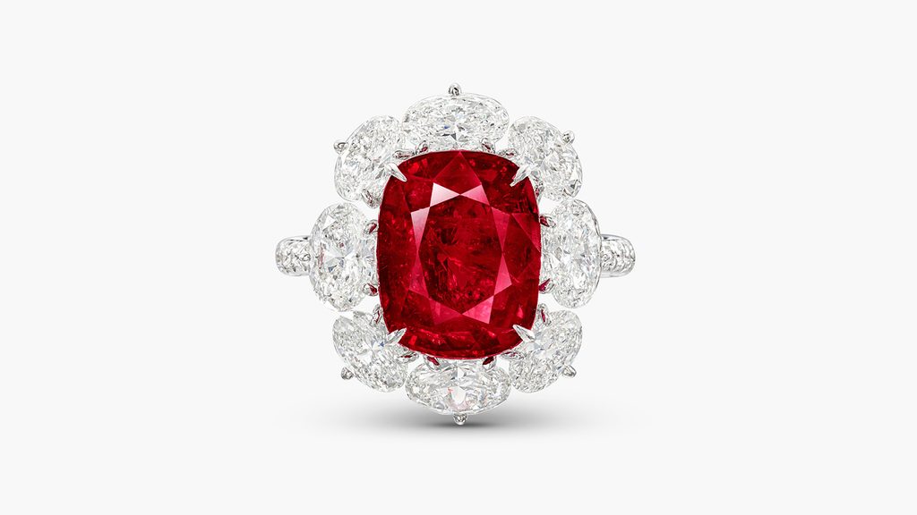 This ring, from the property of an important Asian collector, centers a cushion-shaped, 5.02-carat, pigeon’s blood Burmese ruby in a surround of oval and brilliant-cut diamonds at Sotheby's image