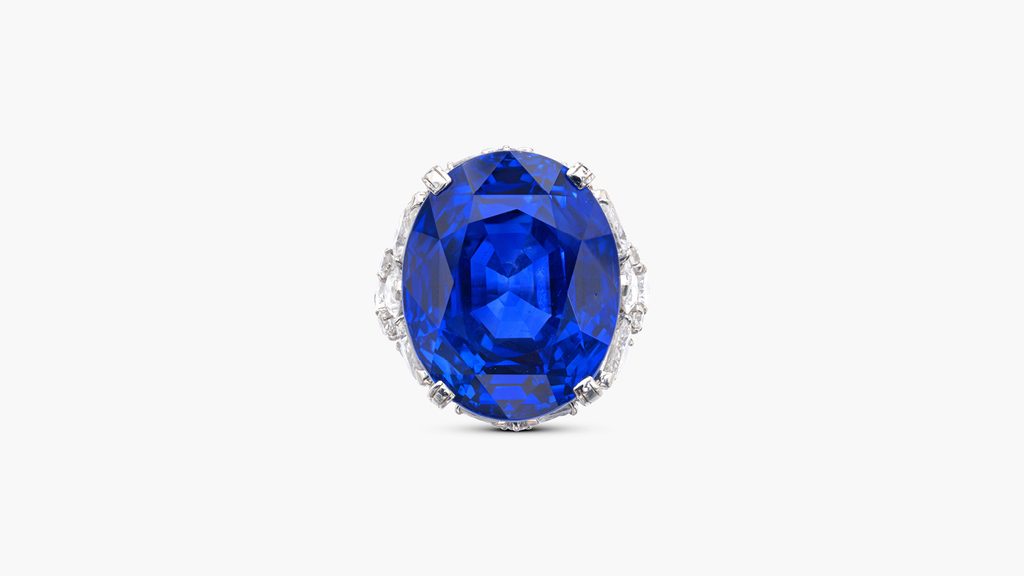 Harry Winston designed this ring, comprising an oval, 69.44-carat Ceylon sapphire in a mount embellished with marquise- and pear-shaped, brilliant-cut and baguette diamonds at Sotheby's image