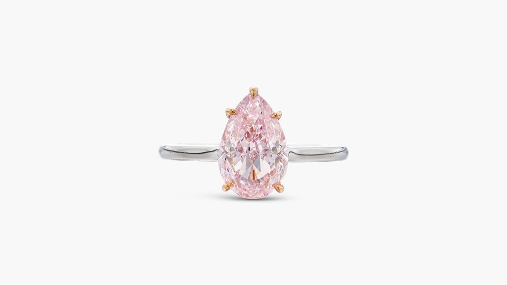A ring with a pear modified brilliant-cut, 3.01-carat, fancy-purplish-pink, internally flawless, type IIa diamond at Sotheby's image