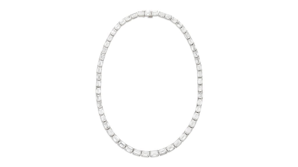 A rivière necklace featuring 53 emerald-cut diamonds that range from 1 to 2.01 carats, G to I color, and internally flawless to VS2 clarity at Christie's image