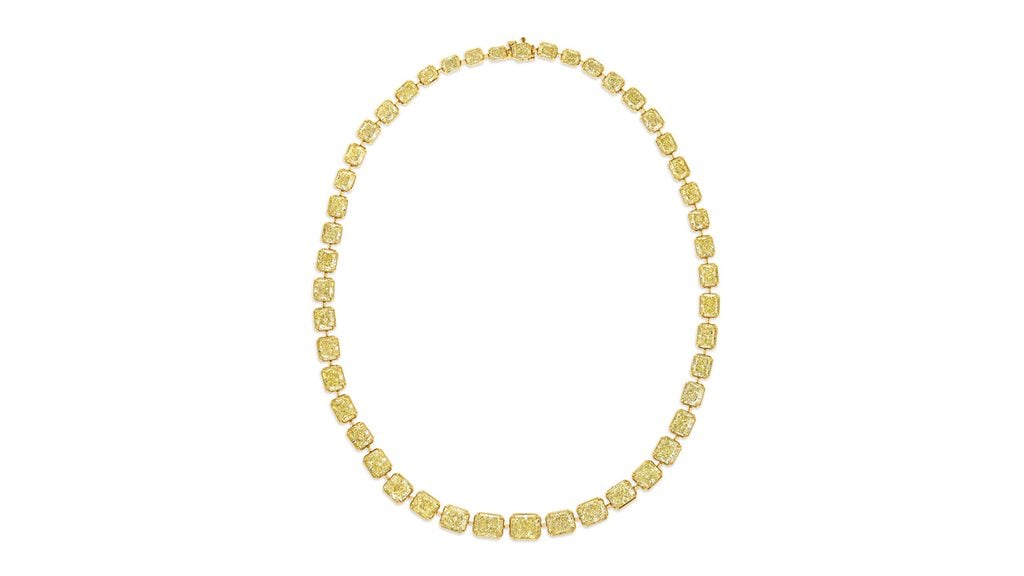 A necklace with 47 cut-cornered rectangular and square modified brilliant-cut, fancy-light-yellow diamonds, weighing between 0.32 and 3.01 carats and of VVS1 to SI2 clarity at Christie's image