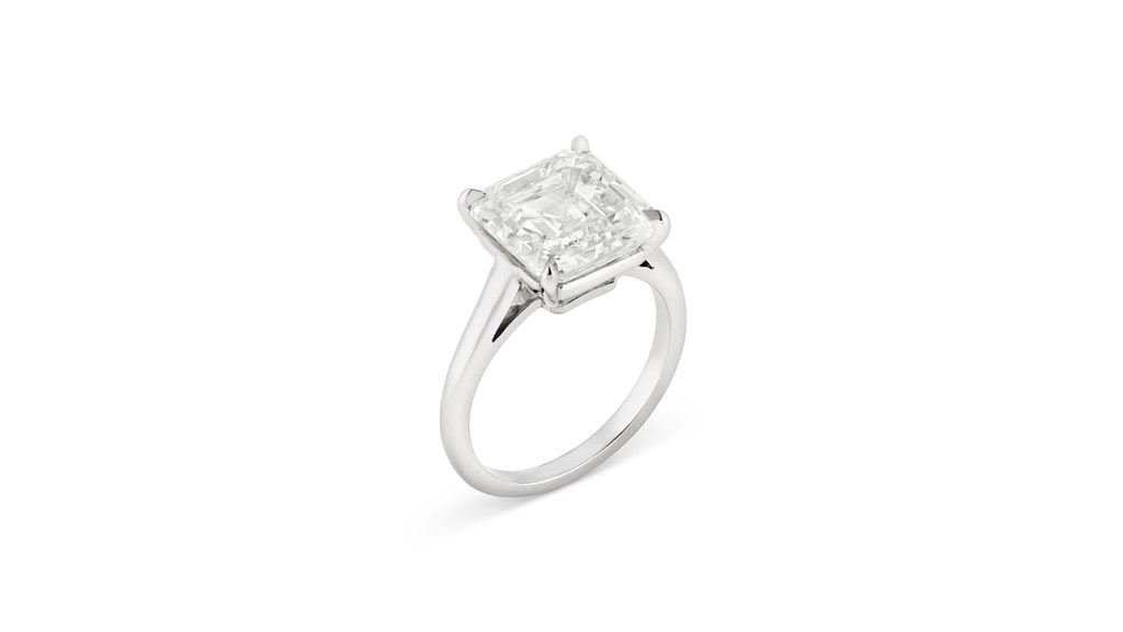 This ring has a square emerald-cut, 6.01-carat, F, VVS1 diamond at Christie's image