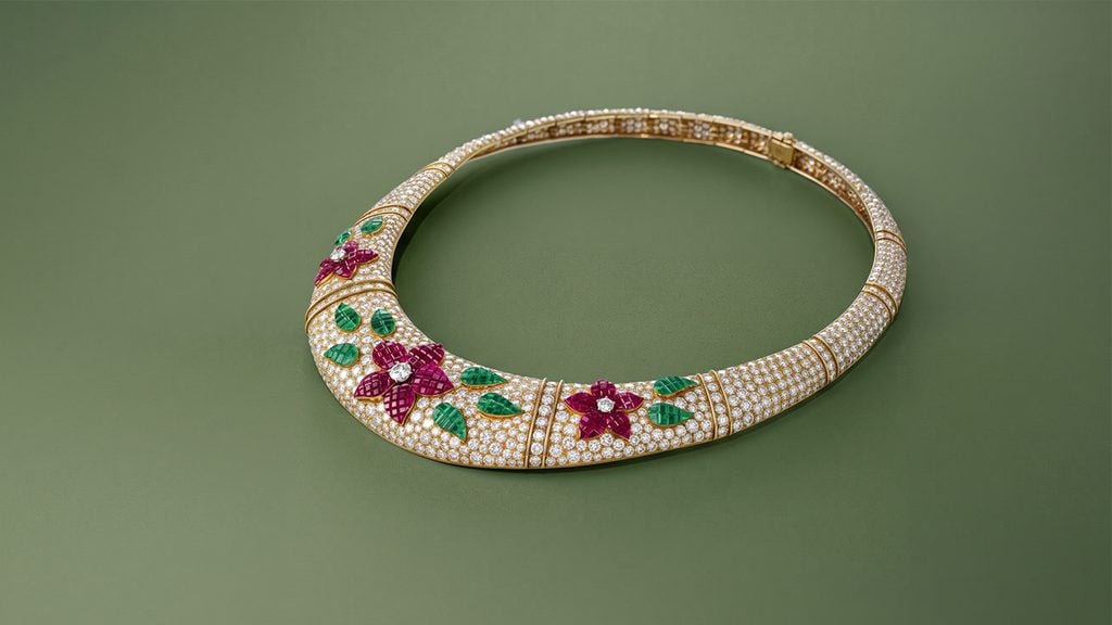 Created by Van Cleef & Arpels in the 1980s, this mystery-set necklace has a floral motif with rubies, emeralds and diamonds at Christie's image