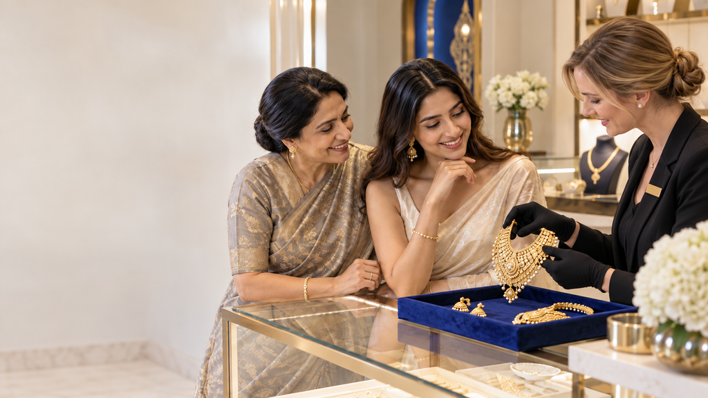 A jeweler shows Indian customers gold jewelry on top of a display image