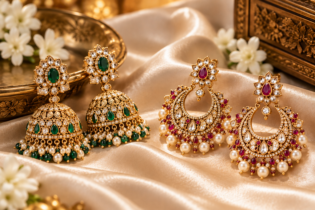 Gold statement earrings jhumka and chandbalis image