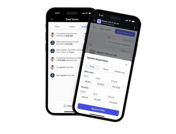 Rapaport Trade chat, right, and trade feature, left, screenshot images