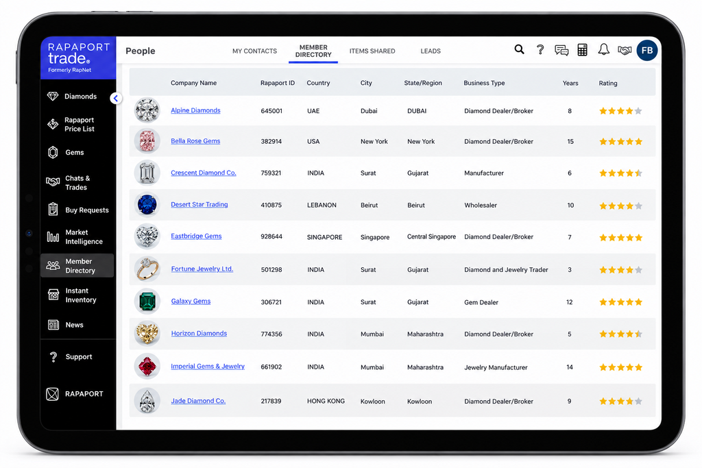 Rapaport Trade Member Directory screenshot image