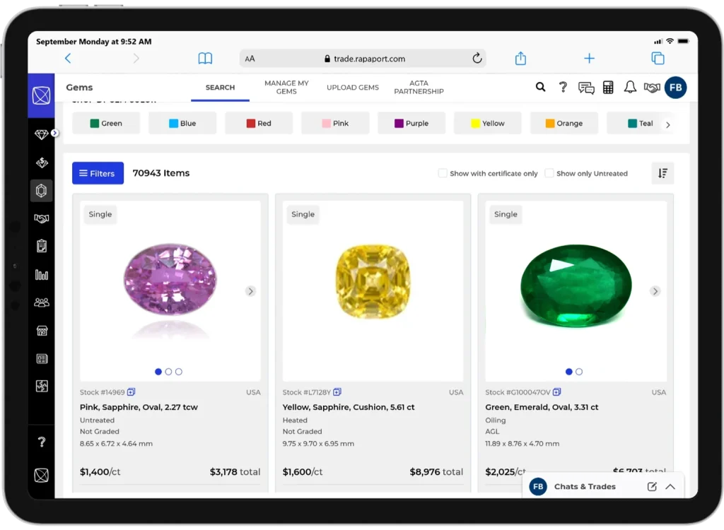 Gem search on Rapaport Trade screenshot image